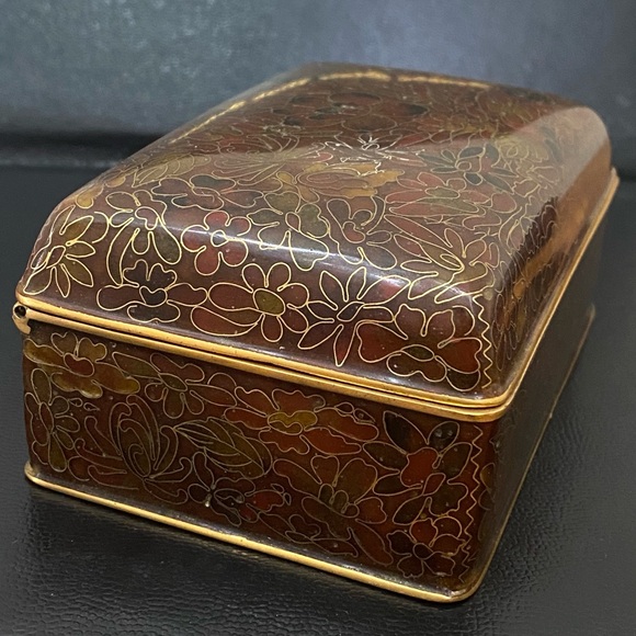 Vintage Chinese Cloisonne Brown Enamel Floral Hinged Trinket Box - Picture 14 of 16